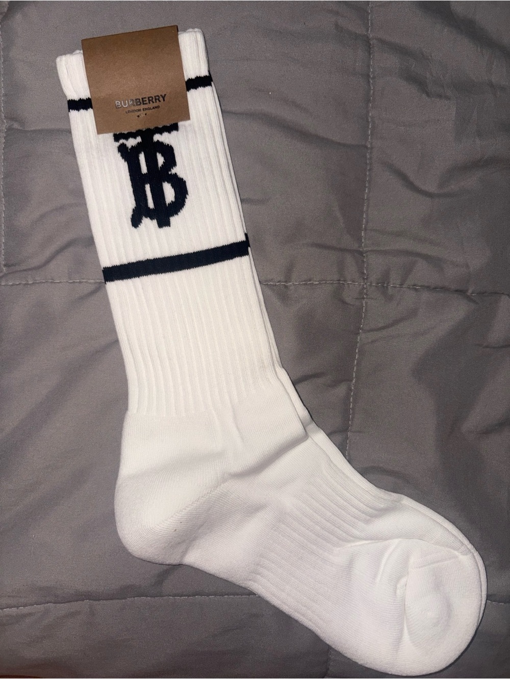 Burberry White Crew Socks with Black Monogram and Stripe